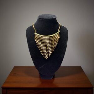 Vintage Copper-Tone Beaded Fringe Bib Necklace – Ornate Floral Box Clasp, 16”